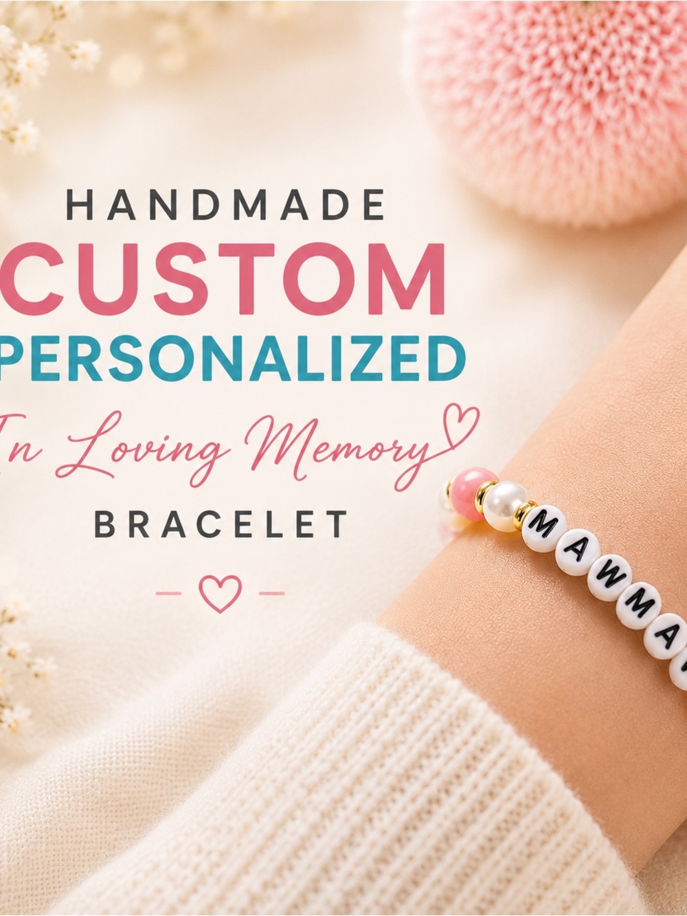 Personalized Memorial Beaded Bracelet - Pink & Pearl Accent
